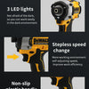 A close-up view of a yellow and black cordless impact driver tool highlighting its LED lights, brushless motor, and non-slip 