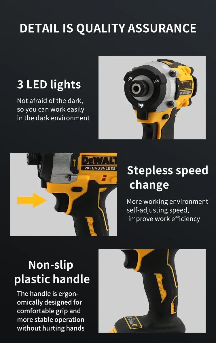 A close-up view of a yellow and black cordless impact driver tool highlighting its LED lights, brushless motor, and non-slip 