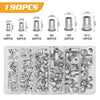A multi-pack of aluminum flat head rivet nuts in various sizes M3 to M10 packaged in clear plastic.