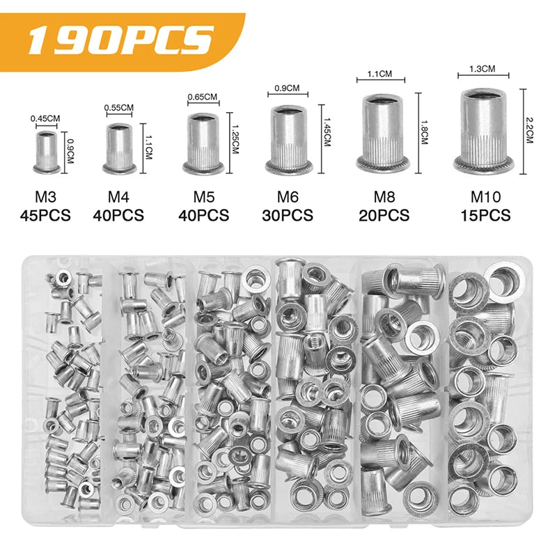 A multi-pack of aluminum flat head rivet nuts in various sizes M3 to M10 packaged in clear plastic.