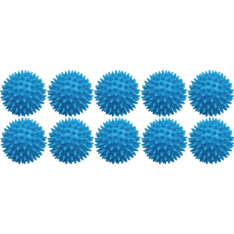 A row of twelve blue reusable laundry balls for tangle-free washing and softening.