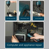 A compact cordless electric screwdriver is shown performing various tasks including furniture assembly, kitchenware repair, s