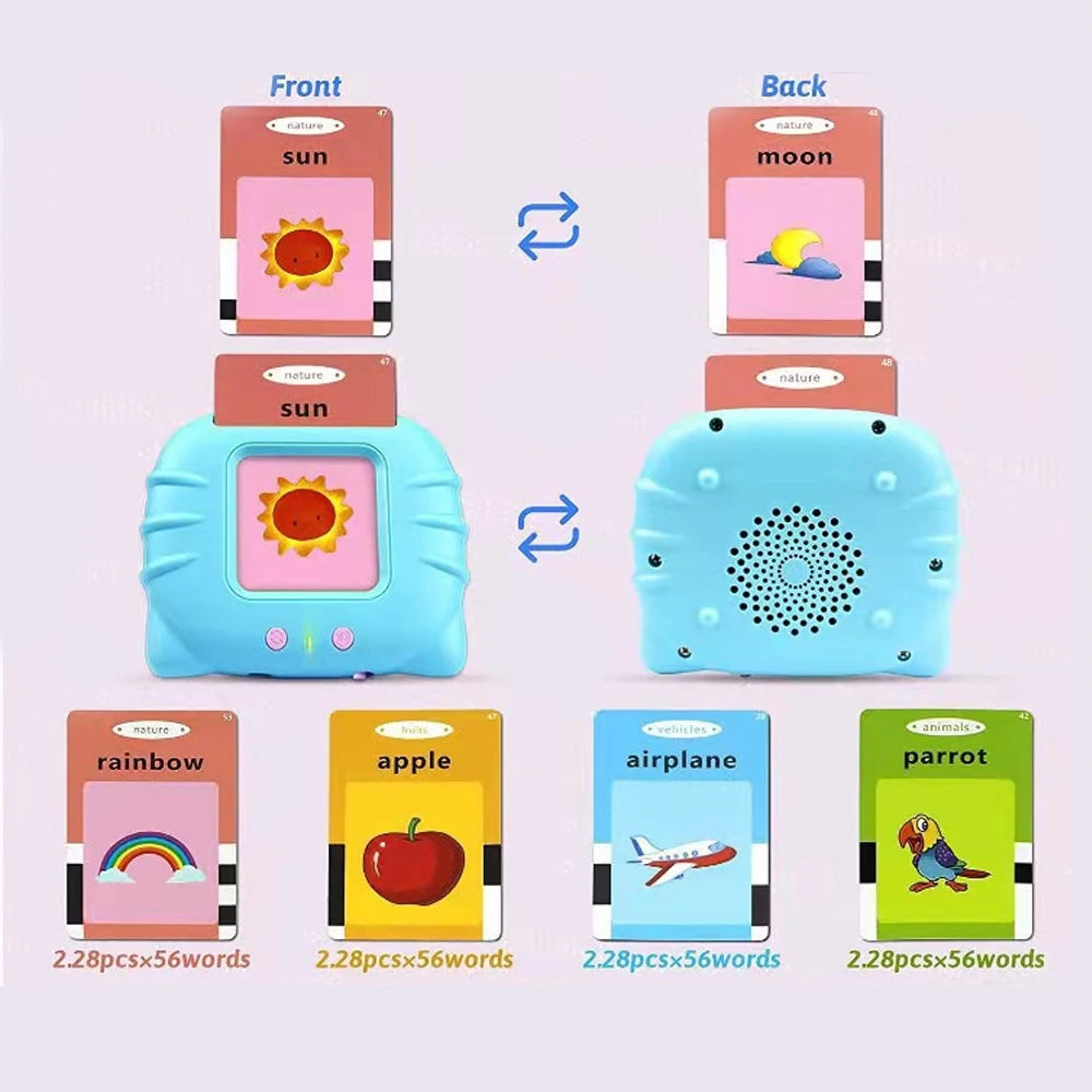 A set of talking flash cards featuring sun, moon, rainbow, apple, airplane, and parrot for toddlers.