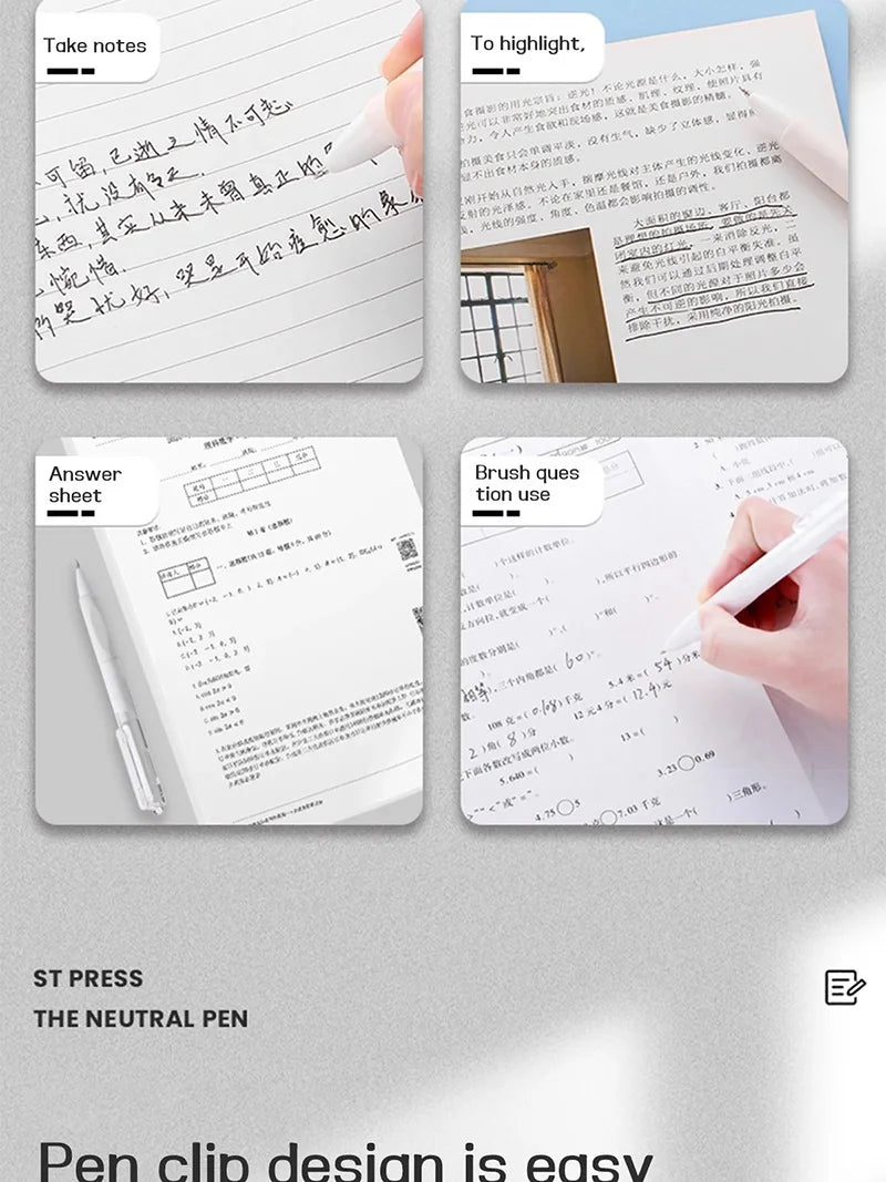 A set of five black retractable gel pens with a fine point and quick-dry ink shown in various usage contexts.