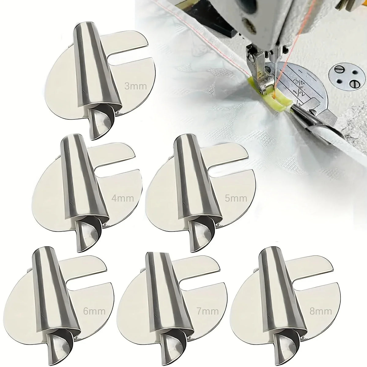 A set of universal rolled hemmer presser feet in various sizes from 3mm to 8mm for sewing machines.