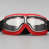 A pair of red retro foldable motorcycle goggles with silver frames and black straps.