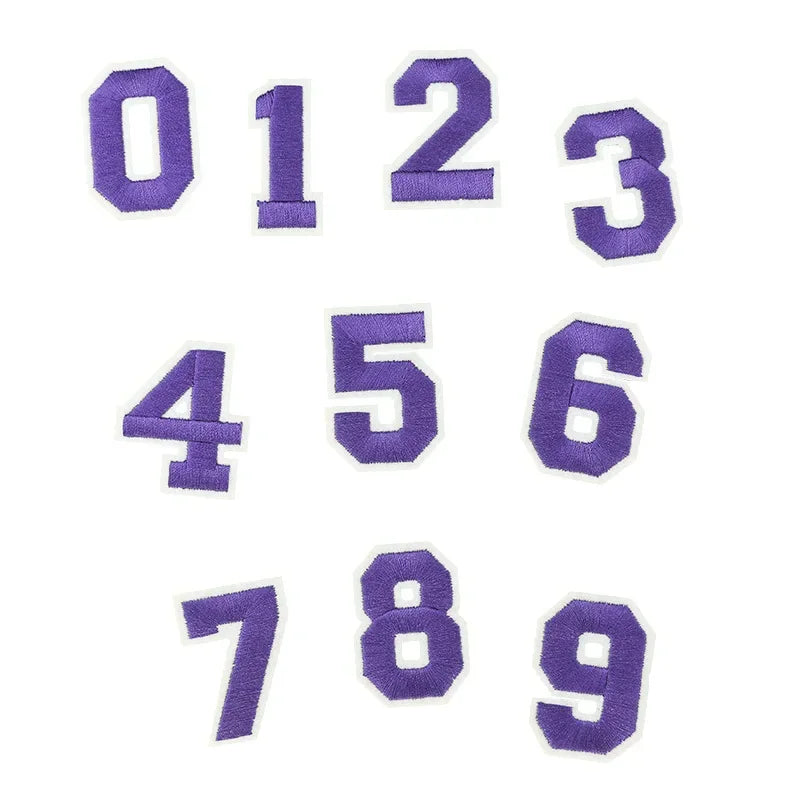 A set of iron-on 3D number patches for clothing numbered 0 through 9 in purple.