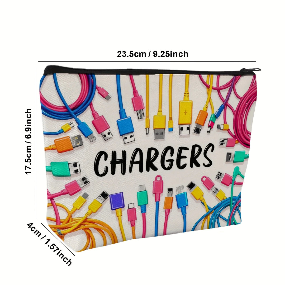 A zippered pouch filled with various colorful charging cables and power adapters for travel and desk organization.