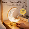 A hand interacts with a crystal star moon night light featuring a touch control switch and instant on function.