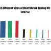 An assortment of eight different sized heat shrink tubing kits in various colors including blue, green, red, black, yellow, a