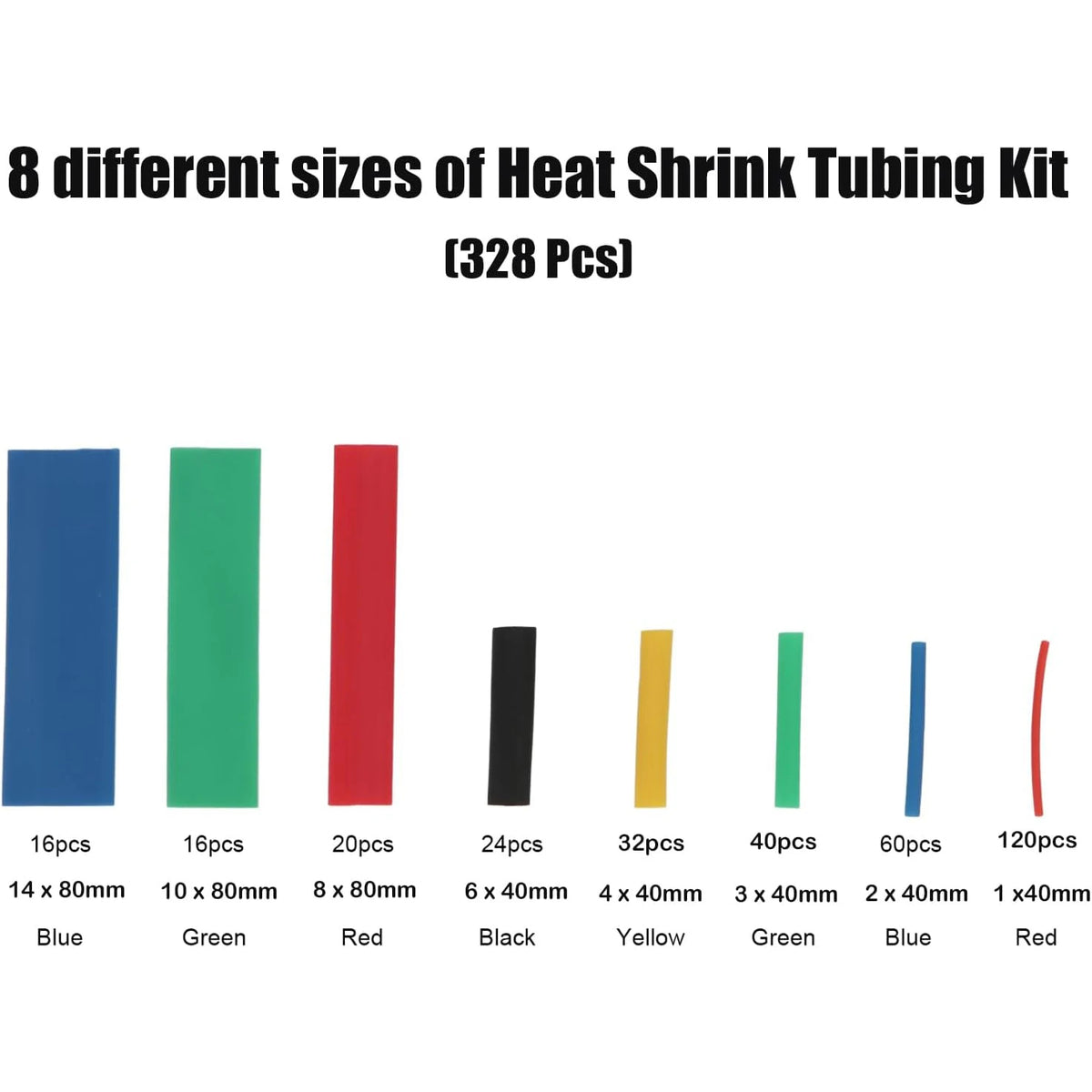 An assortment of eight different sized heat shrink tubing kits in various colors including blue, green, red, black, yellow, a