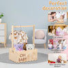 Rustic wooden baby shower crate with a handle featuring a teddy bear and elephant decoration.