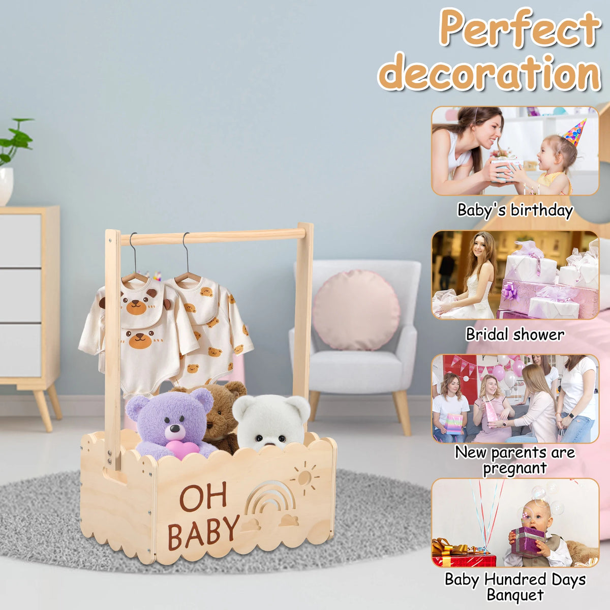 Rustic wooden baby shower crate with a handle featuring a teddy bear and elephant decoration.