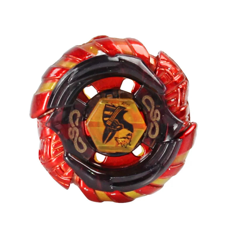 A red and yellow alloy battle spinning top with a black center and an emblem on the top surface.