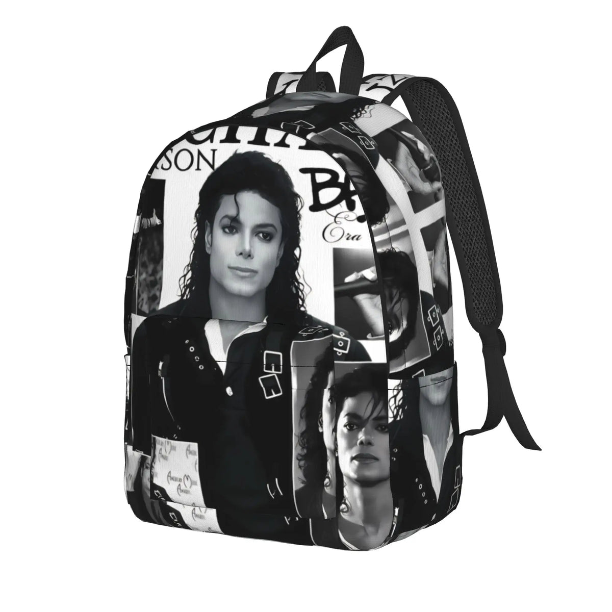 A black backpack featuring images of musical icons, including a prominent portrait.