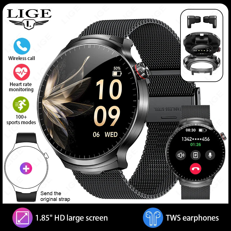 Montre connectée noire avec écran numérique et bracelet noir, à côté d'écouteurs sans fil et d'accessoires.