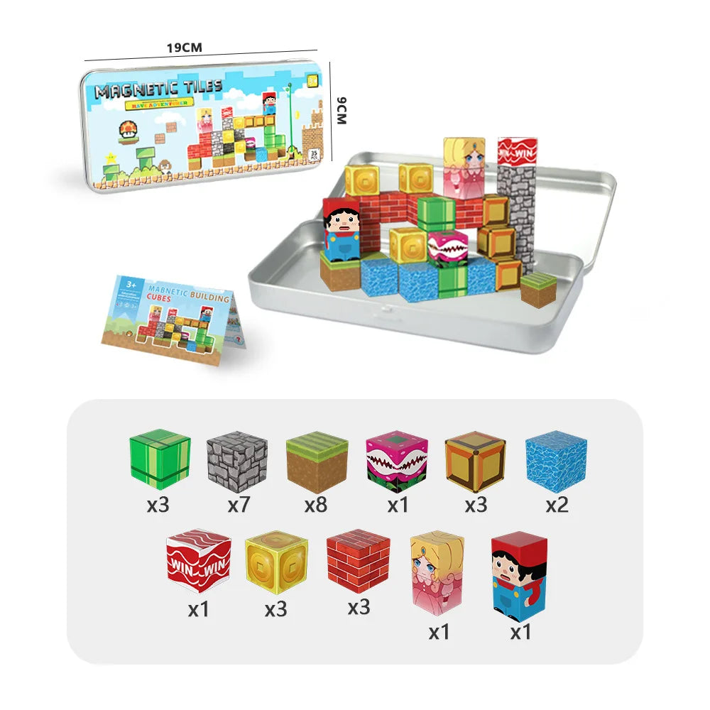 Un set de blocs de construction magnétiques de différentes couleurs et formes avec une boîte de rangement portable.