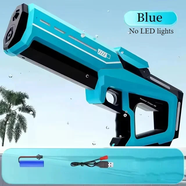Blauer, automatischer Elektrobildner mit schwarzem und türkisfarbenem Gehäuse in Seitenansicht.