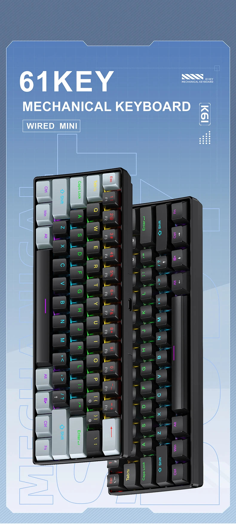 A black 61-key wired mechanical keyboard with white and black keycaps shown from above.