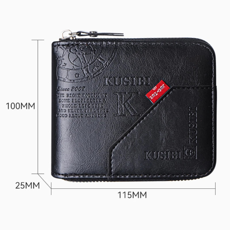 Black PU leather zipper wallet with a coin pocket and branding