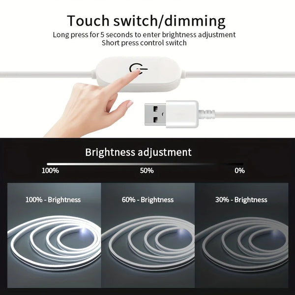 Una mano presiona un interruptor en un dispositivo blanco para ajustar el brillo de una tira de luz LED de neón flexible de s