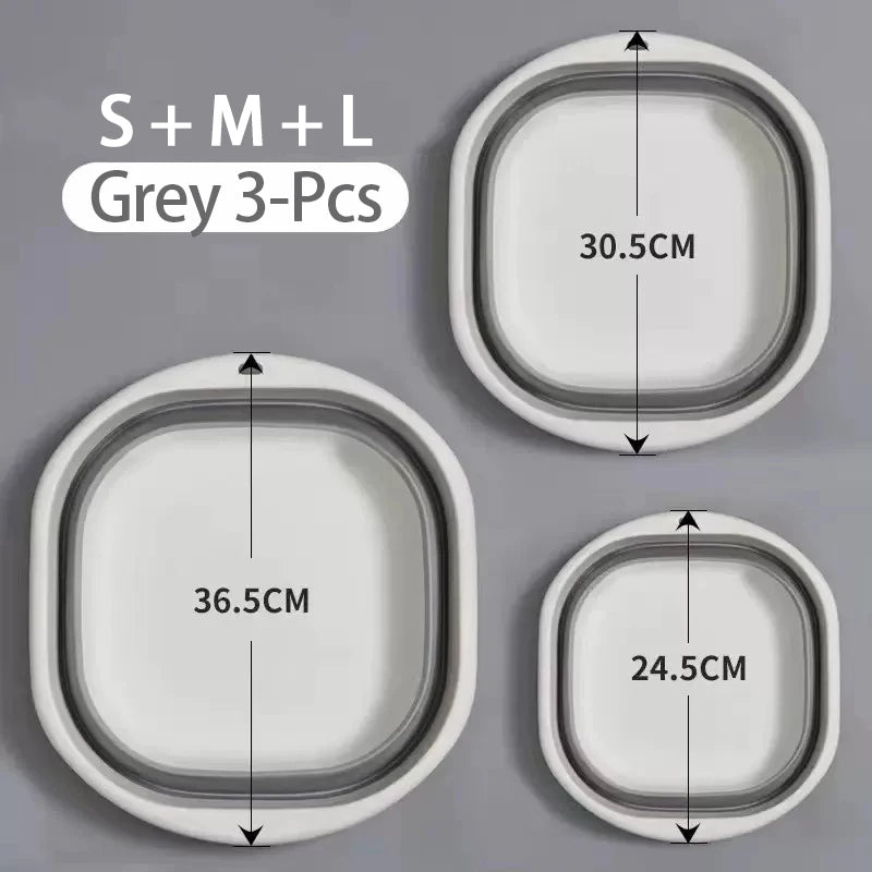 Three sizes of grey foldable plastic wash basins, S, M, and L, shown side by side.