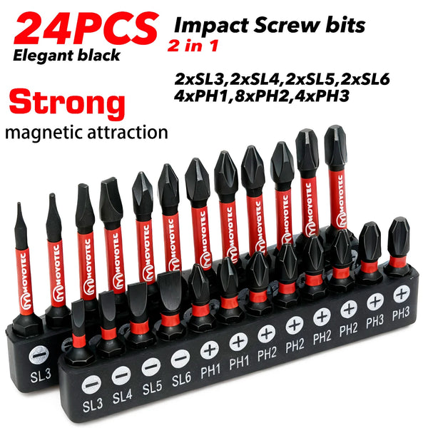 A set of 24 impact screwdriver bits in elegant black, featuring various sizes and magnetic attraction.
