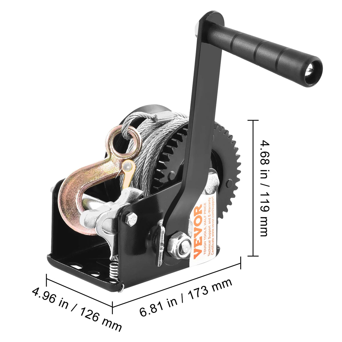 Black heavy-duty hand winch with a handle and steel cable shown in a side view.