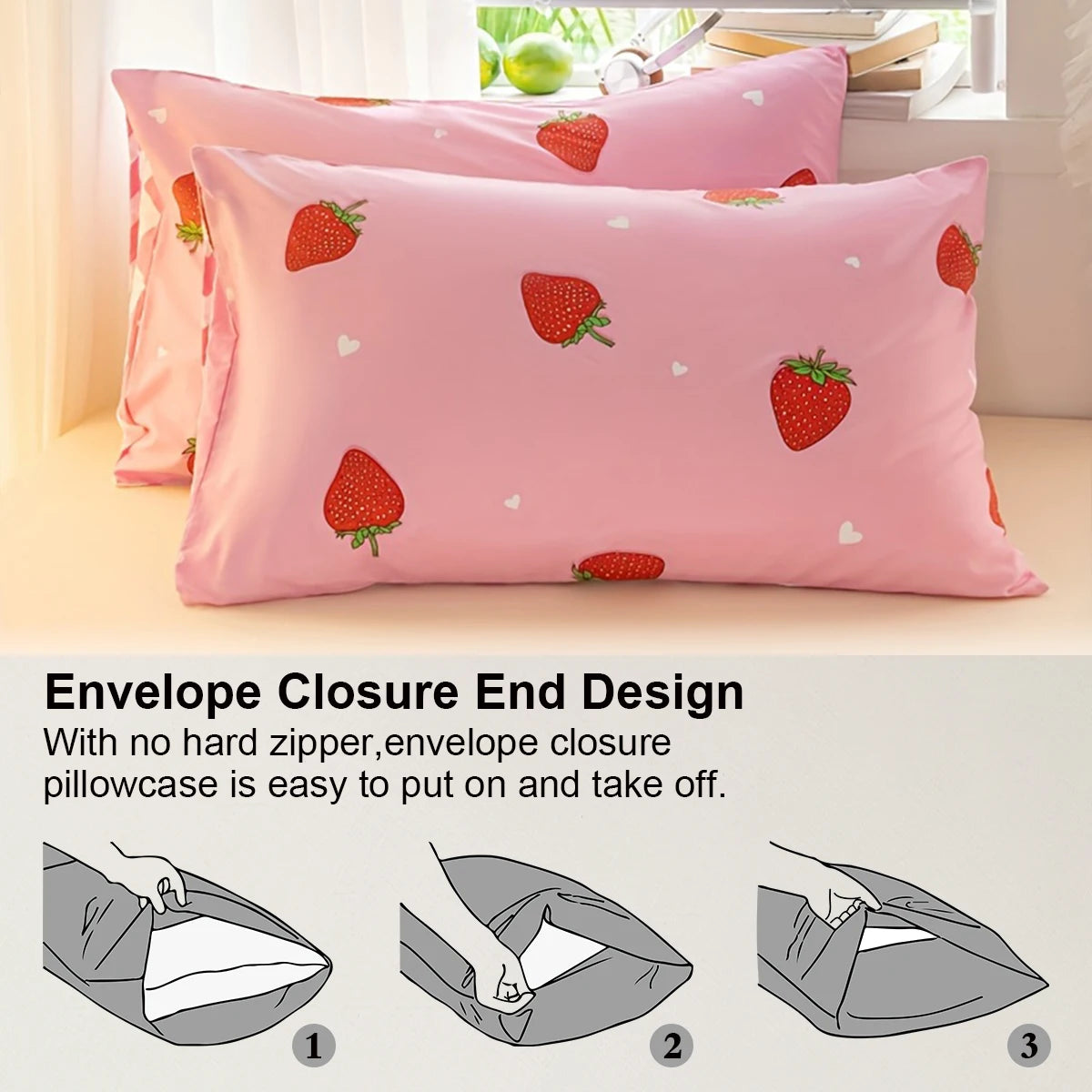 Pink strawberry print pillowcase and duvet cover set shown on a bed.