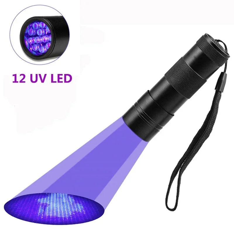 A handheld UV blacklight flashlight emitting a purple beam, used for pet stain detection.