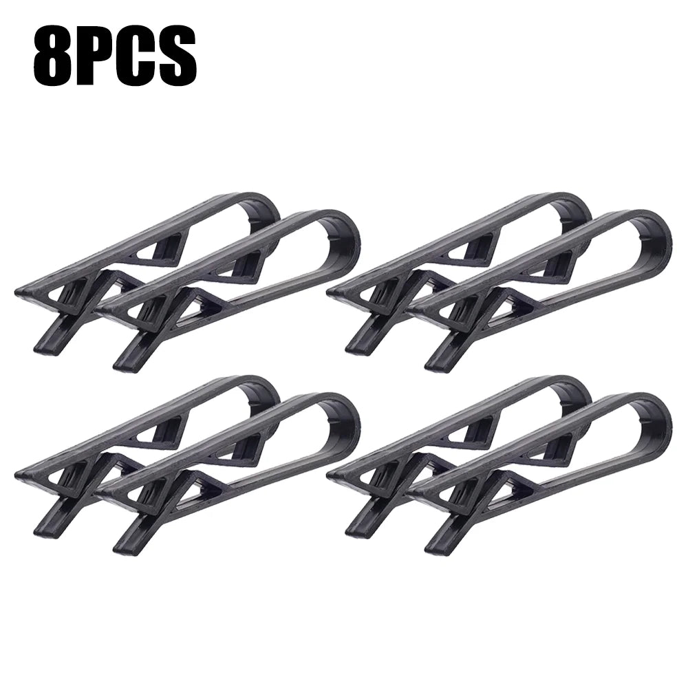 Eight black plastic clips designed to hold garbage bags or snack bags on trash cans.