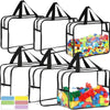 A collection of clear transparent storage bags with black handles and zippers for organizing toys and cosmetics.