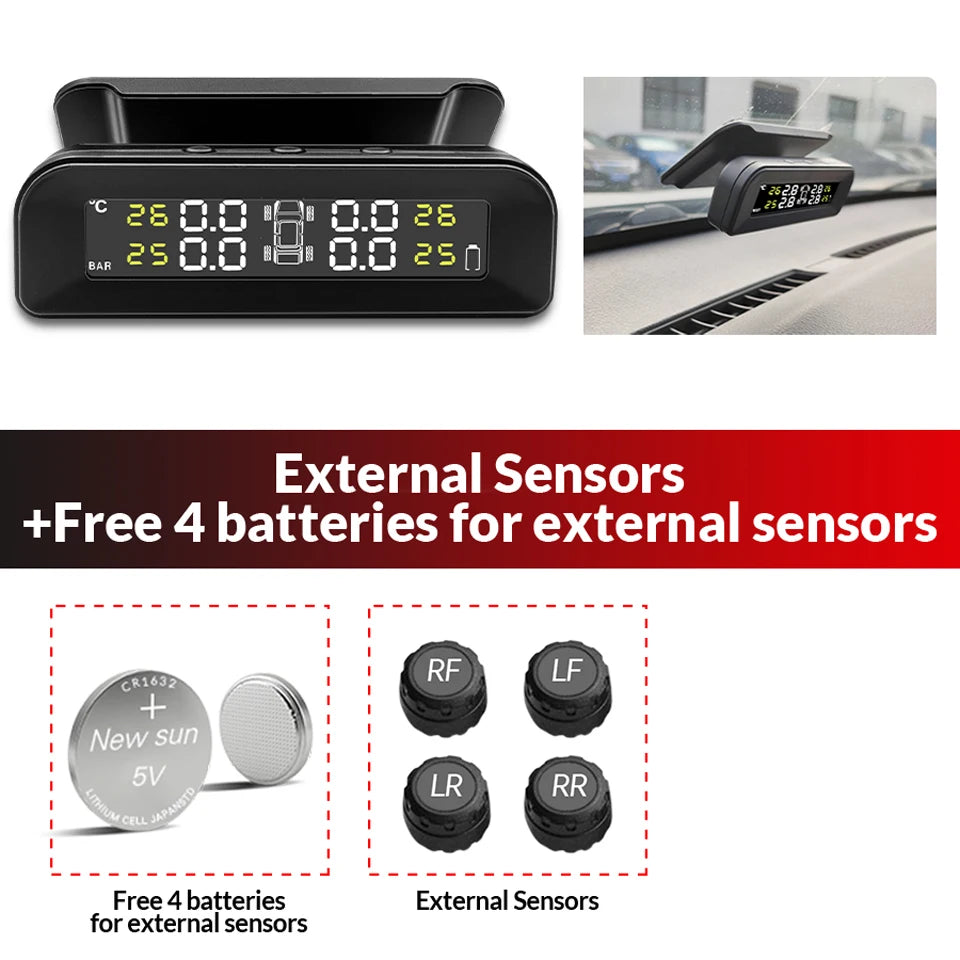 A black tire pressure monitoring device displays pressure readings and includes four batteries for external sensors.