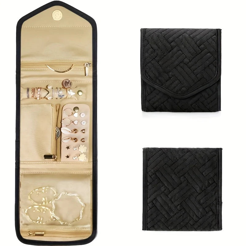 A foldable waterproof jewelry roll in beige leather with compartments for storing and traveling with jewelry.