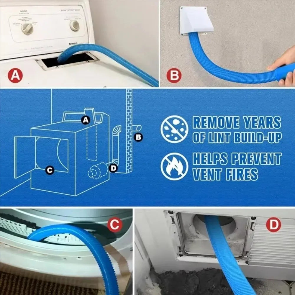 Diagrams showing the installation and use of a flexible vacuum hose for dryer vent cleaning.