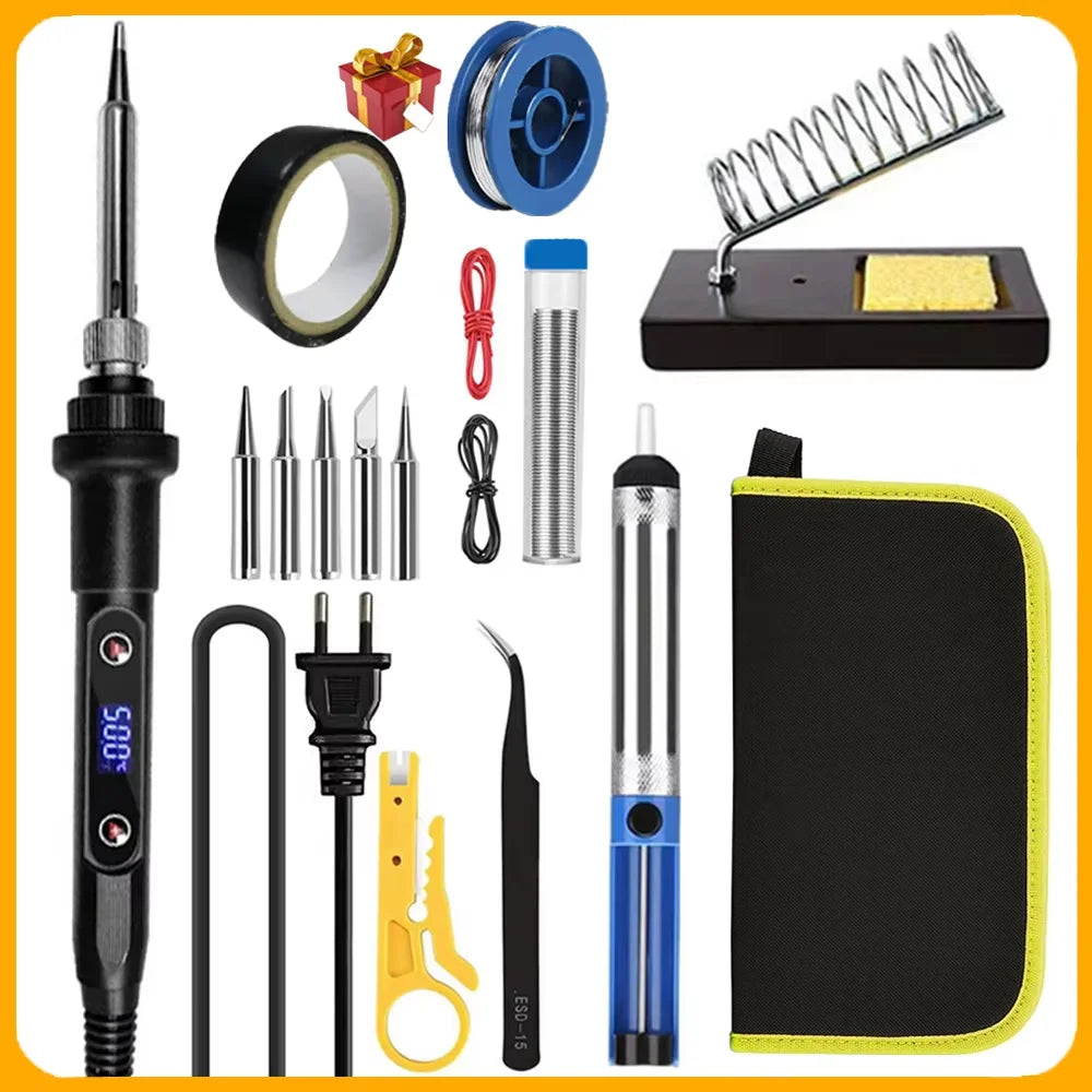 A kit of soldering irons including an 80W adjustable temperature iron with LCD display, replaceable tips, and various tools.