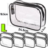 A clear PVC travel makeup and toiletry organizer bag with a zipper, shown in various stacked configurations.