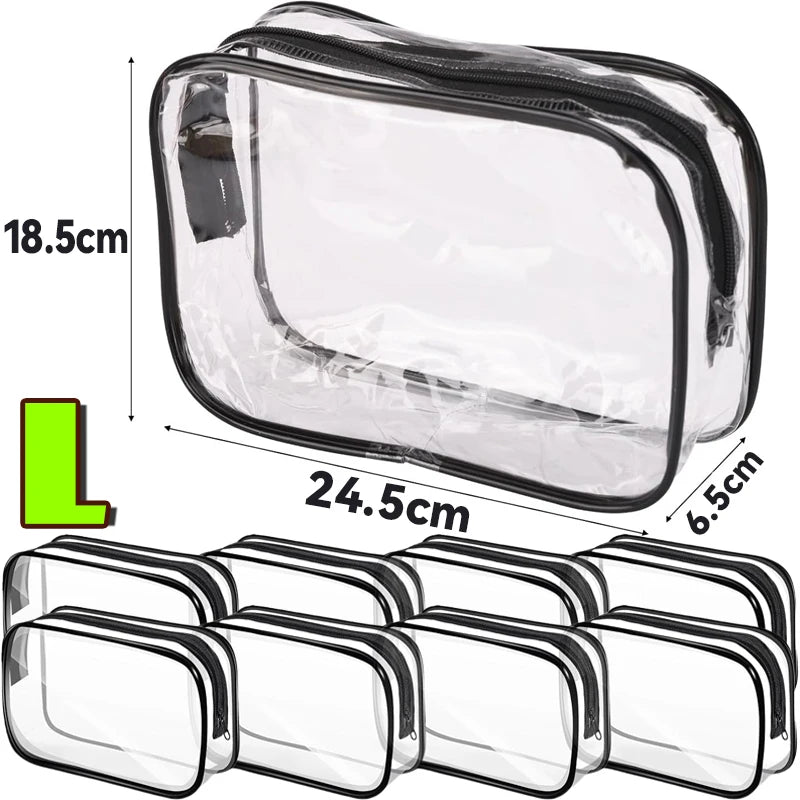 A clear PVC travel makeup and toiletry organizer bag with a zipper, shown in various stacked configurations.
