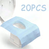 A pack of 20 disposable flushable toilet seat liners in light blue and white.