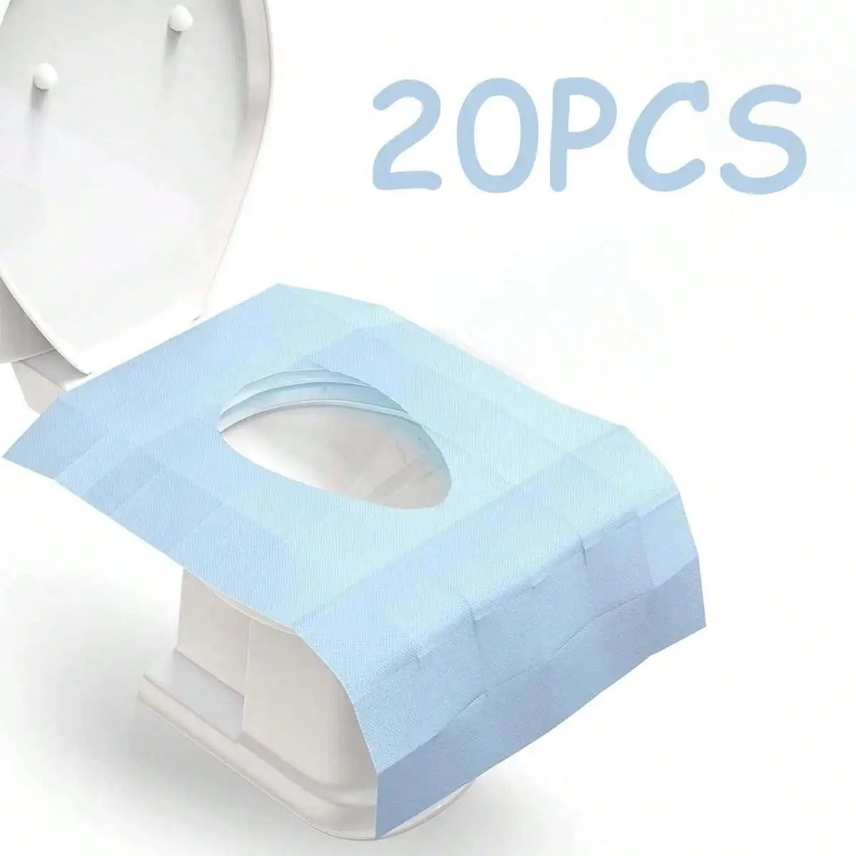A pack of 20 disposable flushable toilet seat liners in light blue and white.