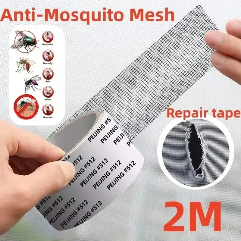 Roll of anti-mosquito mesh repair tape with various insect icons shown next to a hand.