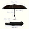 Black automatic compact umbrella shown with dimensions and a folded view.