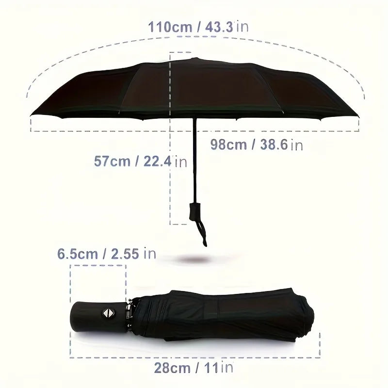 Black automatic compact umbrella shown with dimensions and a folded view.