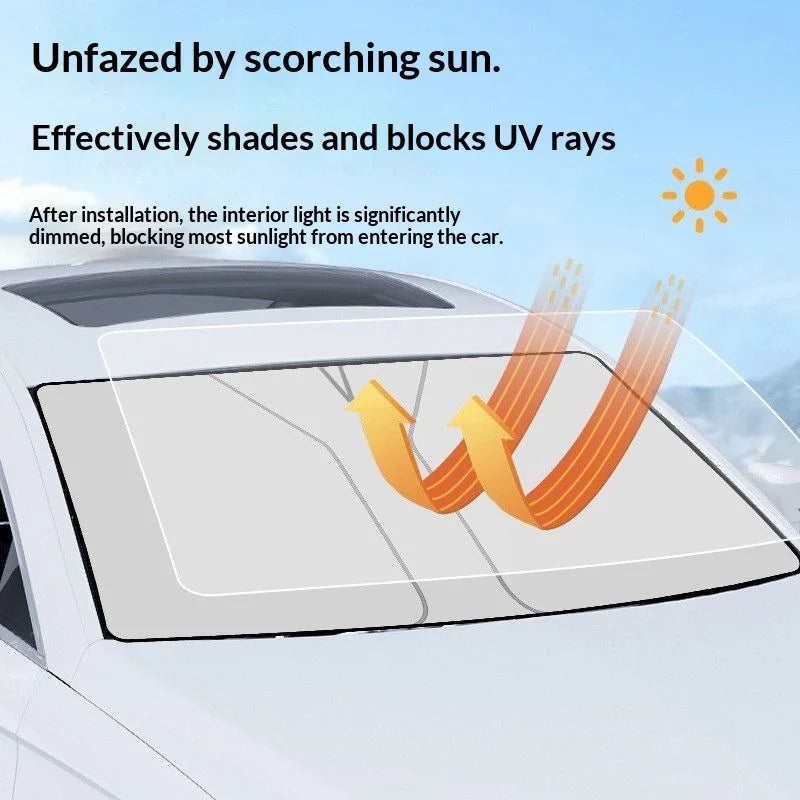 A car windshield is shown with a clear film applied, blocking sunlight and UV rays.