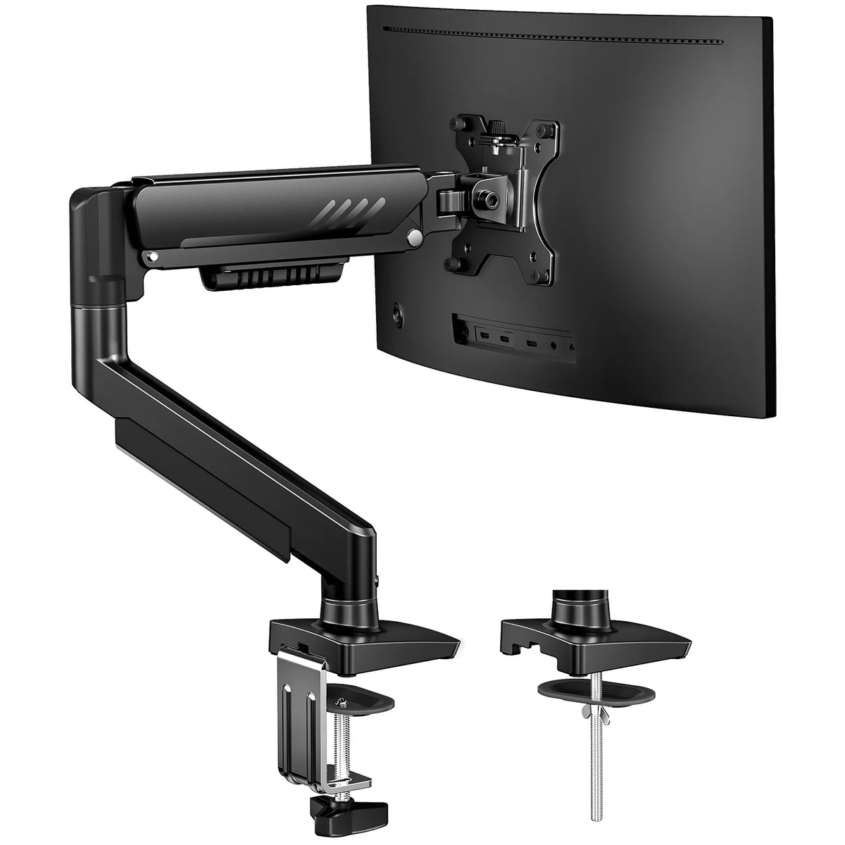 Bras réglable lourd noir fixé à un moniteur d'ordinateur, montrant la plaque de fixation et l'extension du bras.