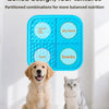 Blue silicone partitioned food mat for pets featuring four textures including canned wet food, dry food, yogurt, and snacks