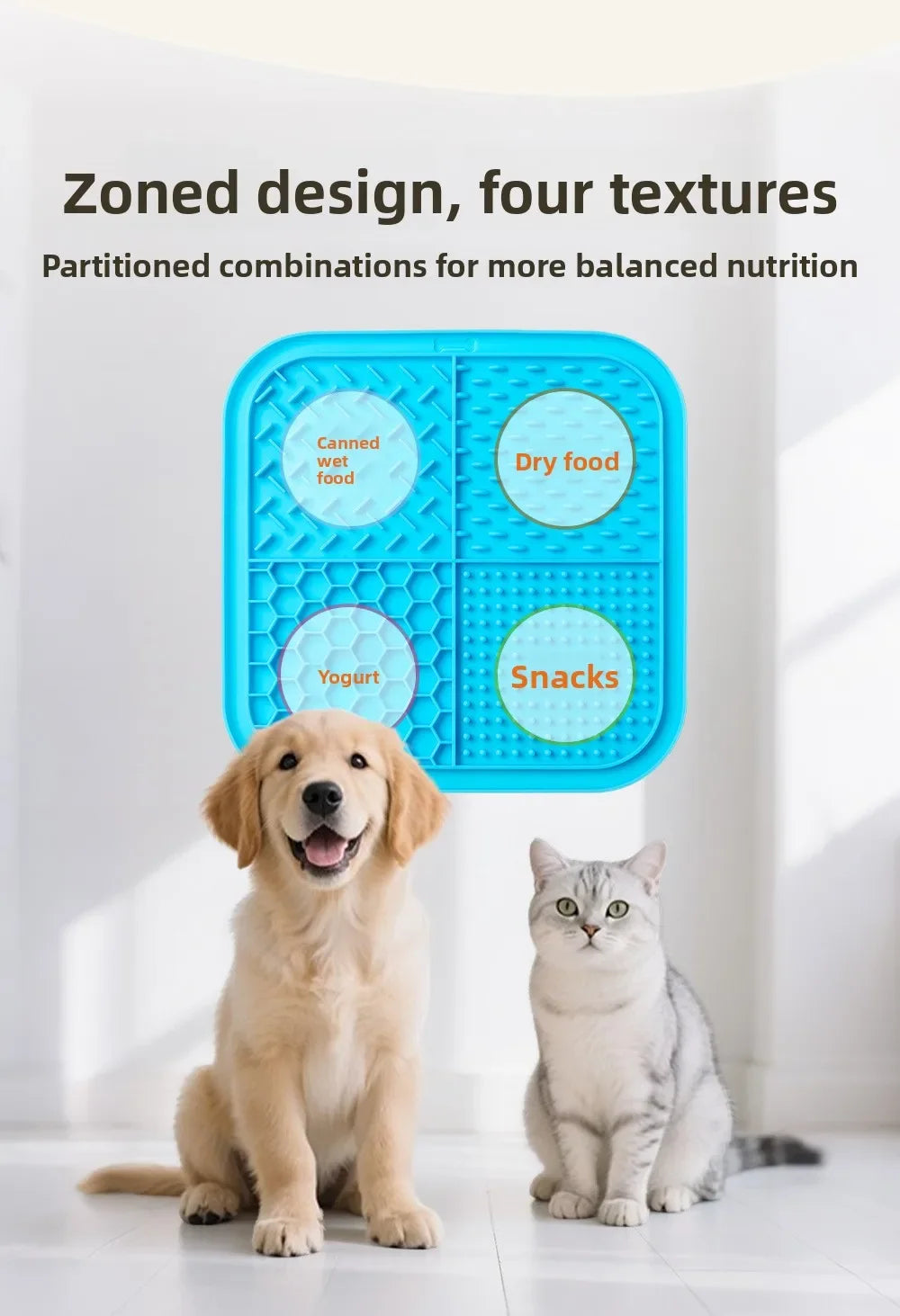 Blue silicone partitioned food mat for pets featuring four textures including canned wet food, dry food, yogurt, and snacks