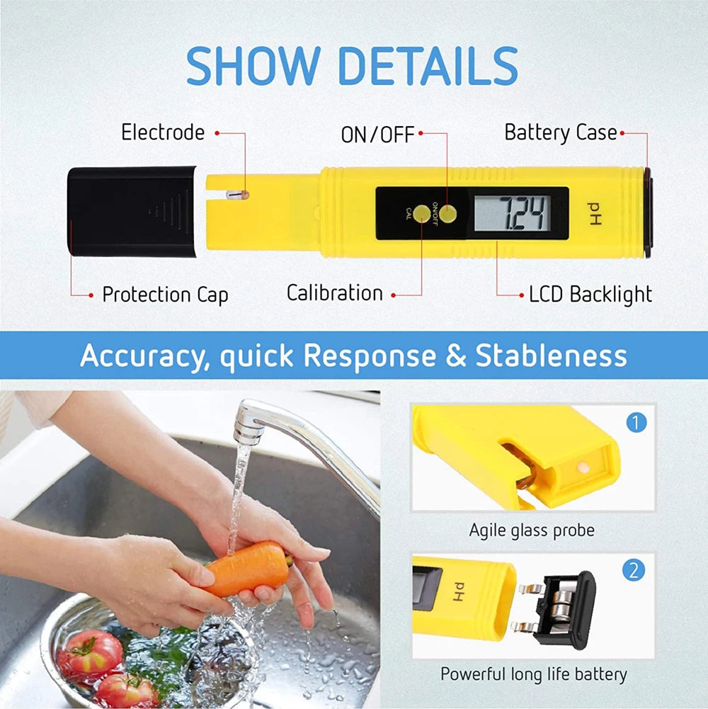 A yellow digital pH and TDS water tester device with an electrode, battery case, and LCD backlight is shown next to an orange