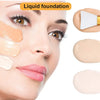 A close-up of a woman's face showing liquid foundation being applied, with various shades of foundation products visible.