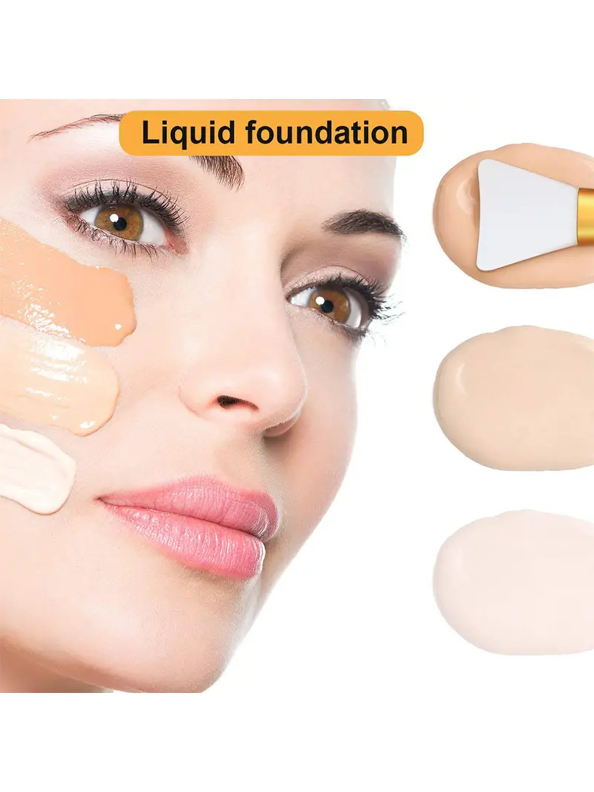 A close-up of a woman's face showing liquid foundation being applied, with various shades of foundation products visible.